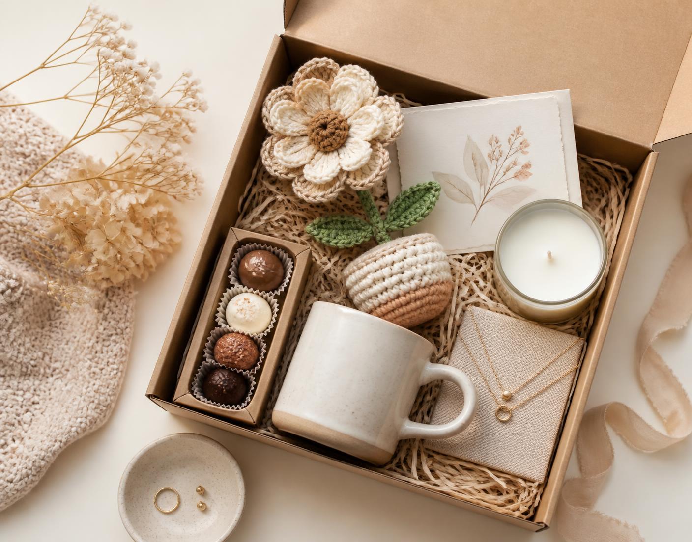 Ever Wish gift box with crochet flower, chocolates, candle, mug and jewellery